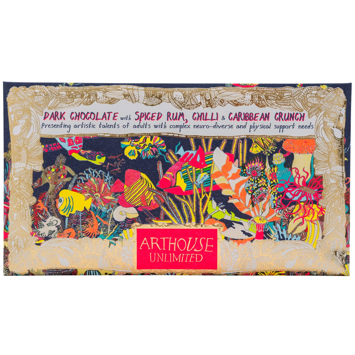 Arthouse Unlimited dark chocolate with spiced rum, chilli and Caribbean crunch, in colourful illustrated packaging