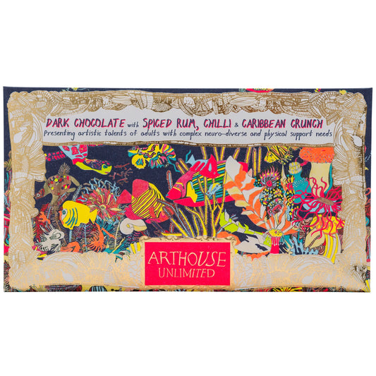 Arthouse Unlimited dark chocolate with spiced rum, chilli and Caribbean crunch, in colourful illustrated packaging