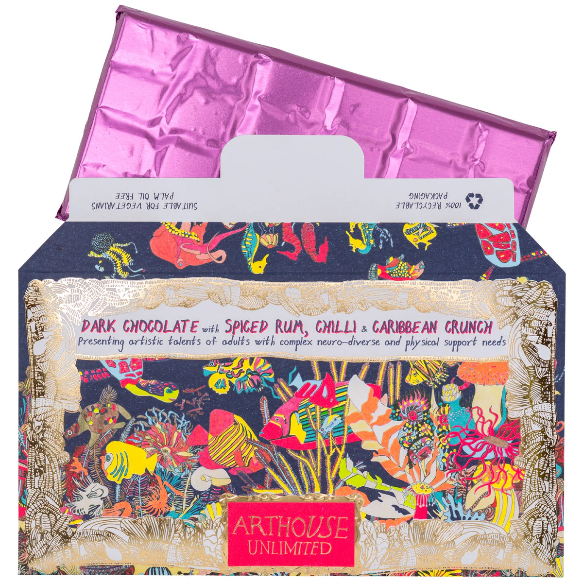 Spiced rum chocolate with its pink-wrapped bar pulled out