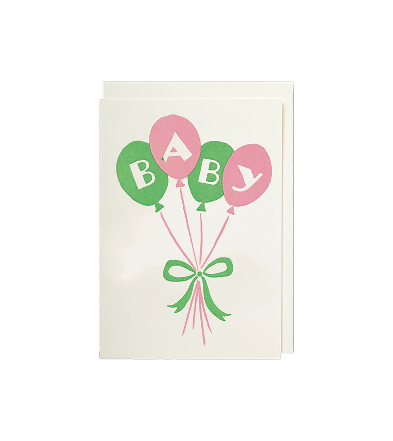 Archivist card: pink and green balloons spelling 'Baby' tied with a green bow