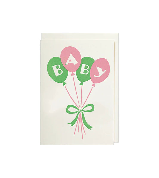 Archivist card: pink and green balloons spelling 'Baby' tied with a green bow