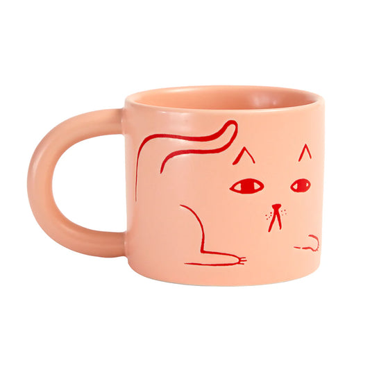 Donna Wilson peach mug with a red line drawing of a cat