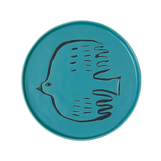Donna Wilson teal plate with a blue line drawing of a bird