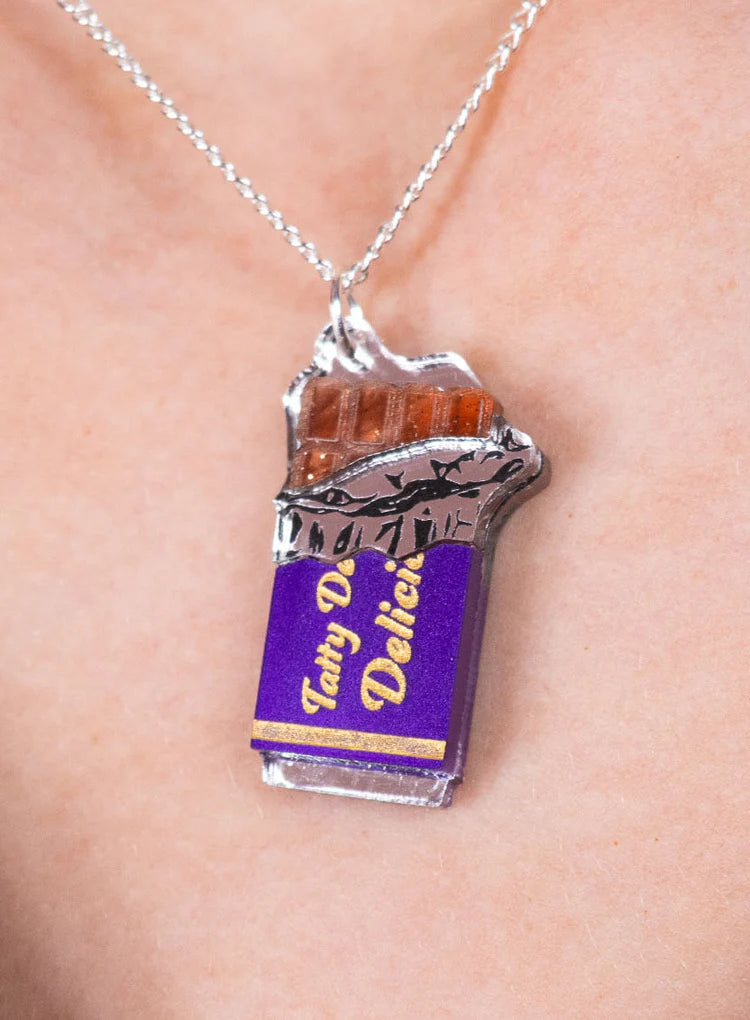 Chocolate bar pendant worn on a chain