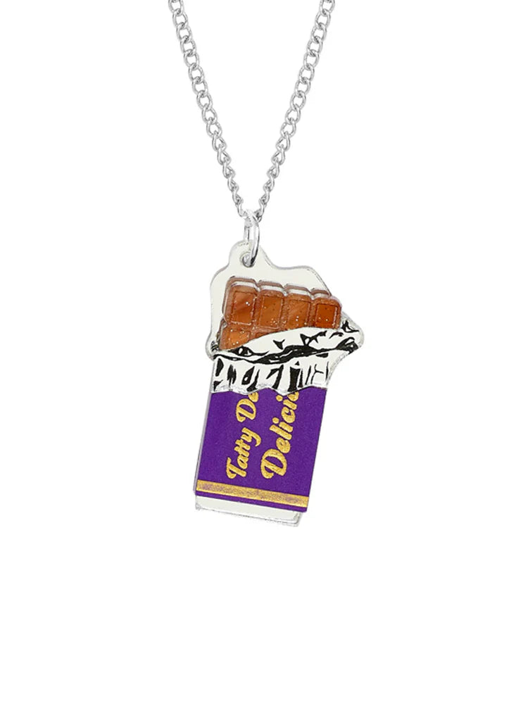 Tatty Devine chocolate bar pendant in a purple wrapper reading 'Tatty Devine Delicious'