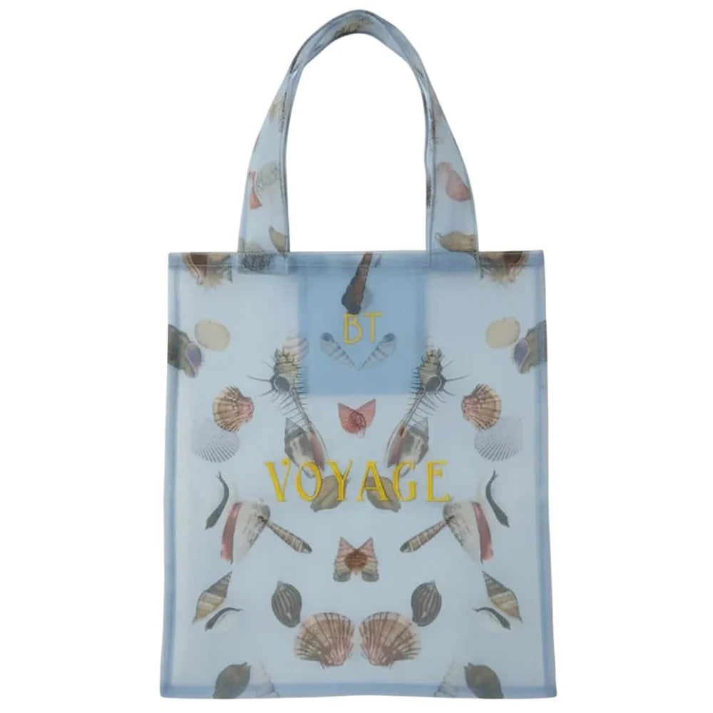 Brigitte Tanaka pale blue organza bag printed with seashells and 'Voyage'