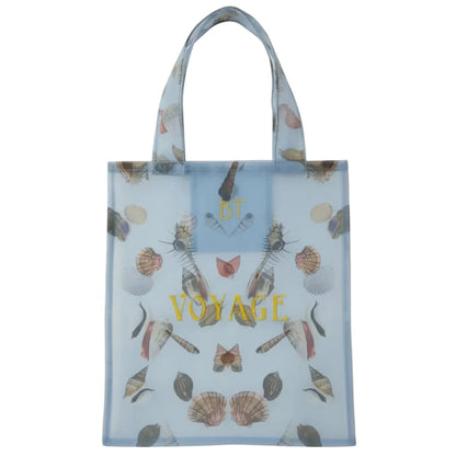 Brigitte Tanaka pale blue organza bag printed with seashells and 'Voyage'