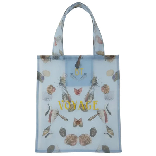 Brigitte Tanaka pale blue organza bag printed with seashells and 'Voyage'