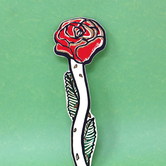 Ark cream rose bookmark with a red flower on green