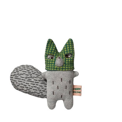 Knitted grey wolf soft toy with a green checked head and a long tail
