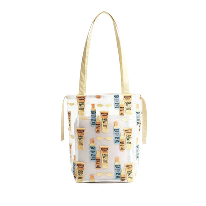 Brigitte Tanaka organza tote printed with sun cream bottles
