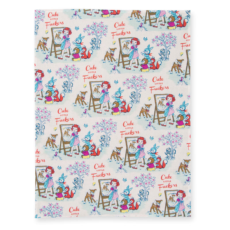 Unfolded 'Cute little fuckers' tea towel with the full repeat pattern