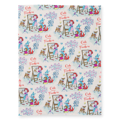 Unfolded 'Cute little fuckers' tea towel with the full repeat pattern