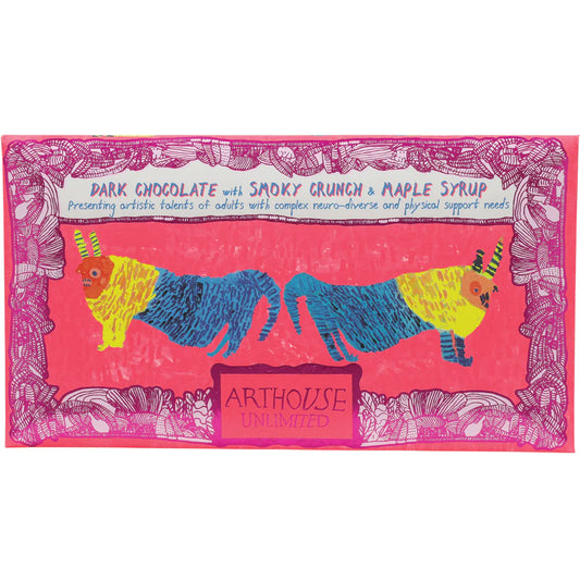 Arthouse Unlimited dark chocolate with smoky crunch and maple syrup, in pink packaging with creatures