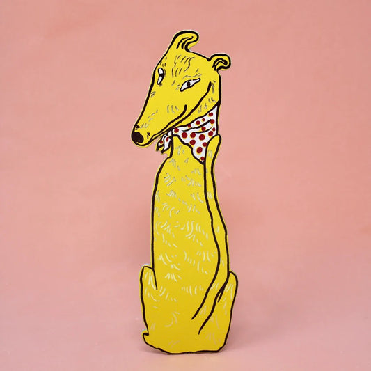 Yellow leather greyhound bookmark wearing a spotted neckerchief