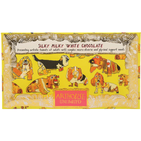 Arthouse Unlimited Happy Hounds silky milky white chocolate in yellow packaging with illustrated dogs