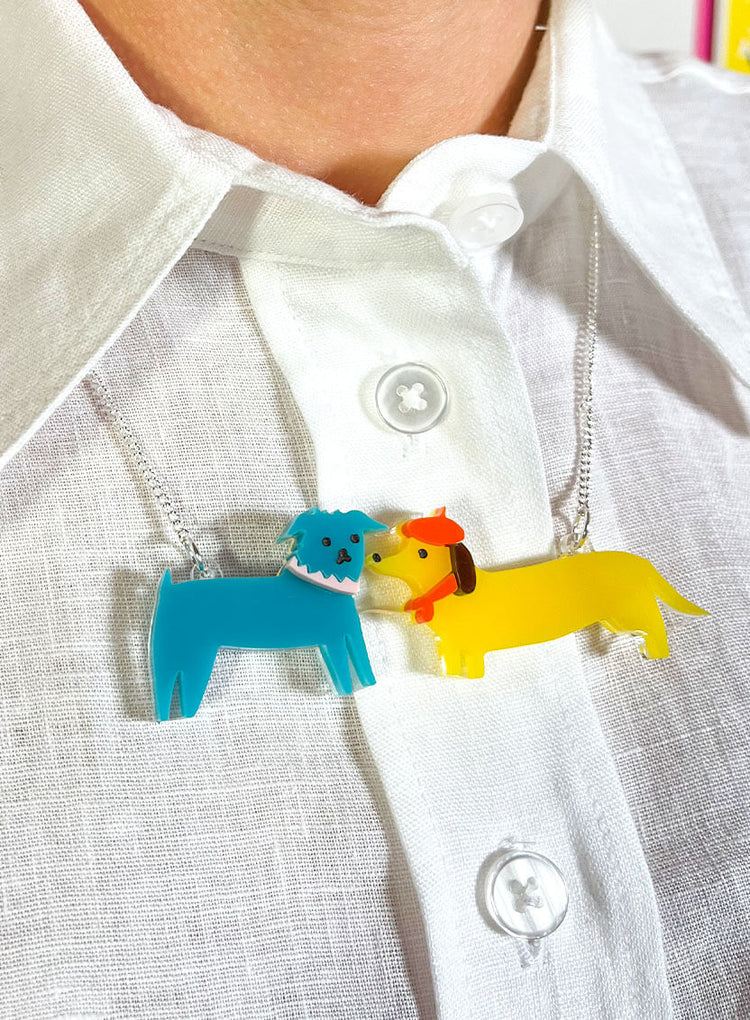 Dog walk necklace worn on a white shirt