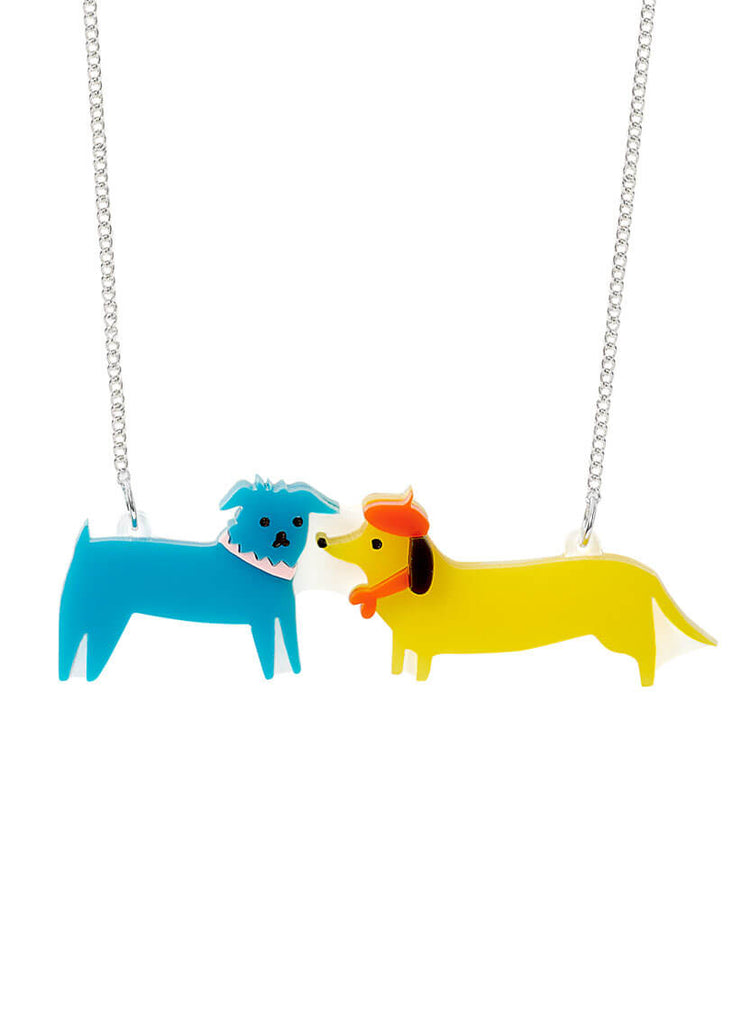 Tatty Devine x The Printed Peanut dog walk necklace: a blue dog and a yellow dachshund