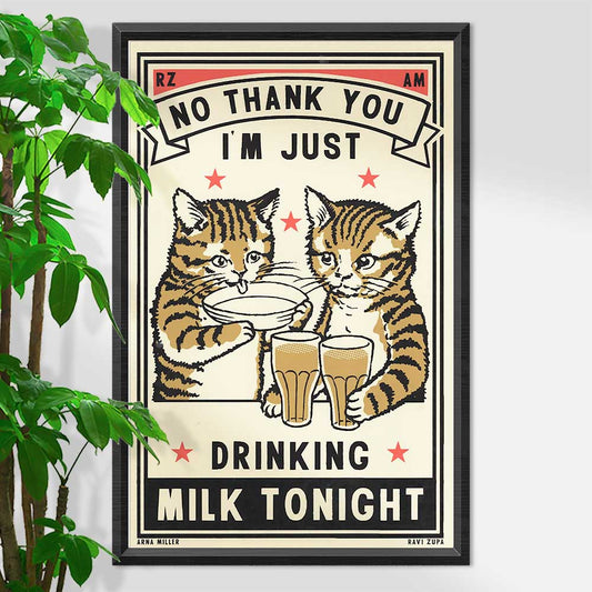 Framed screenprint of two tabby cats with glasses of milk: No thank you, I'm just drinking milk tonight