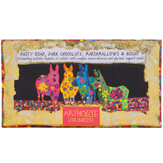 Arthouse Unlimited Dusty Road dark chocolate, marshmallows and biscuit bar with a wrapper of patterned donkeys