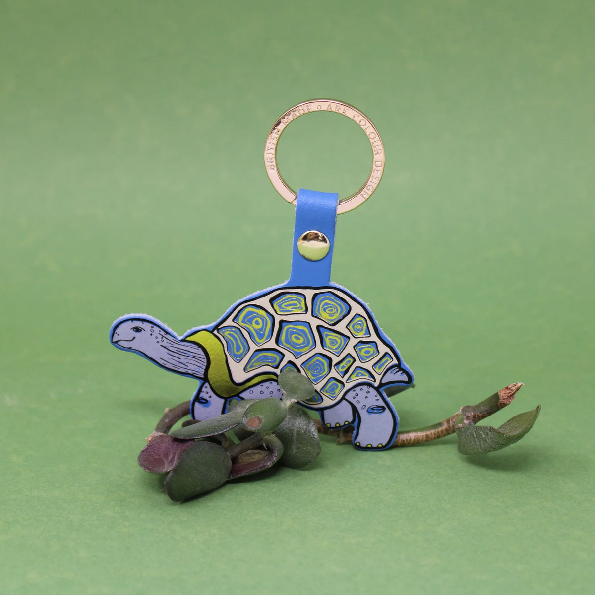 Ark cornflower blue tortoise leather key fob with a patterned shell