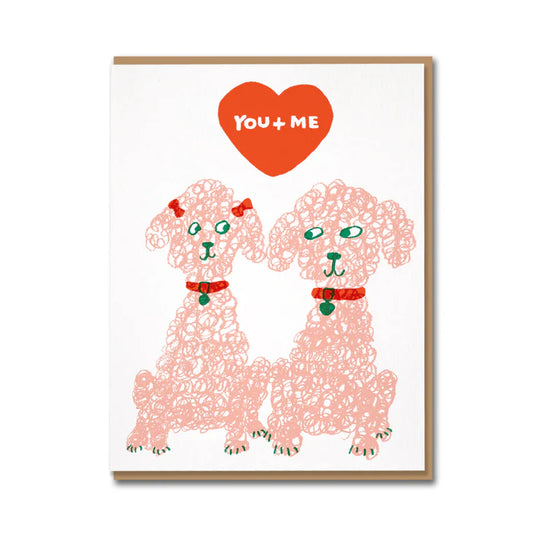 1973 card: two pink poodles with bows under a red heart reading 'You + me'