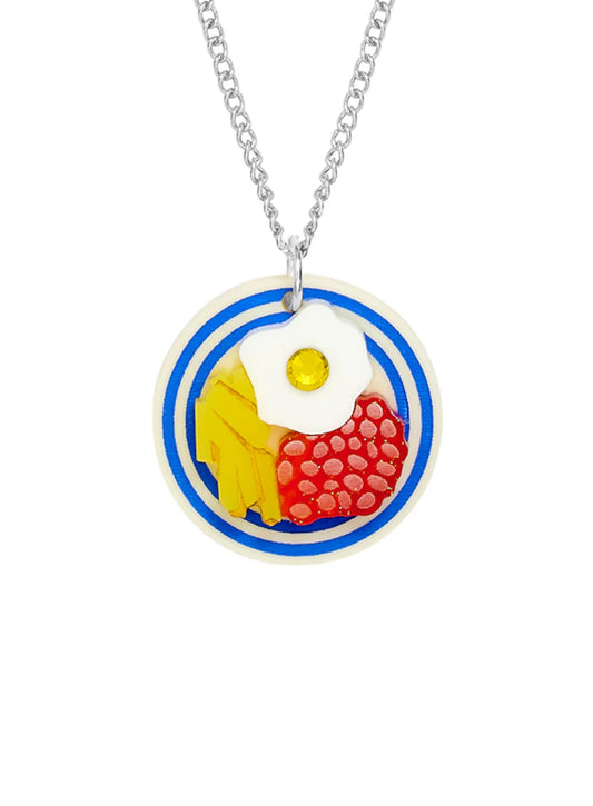 Tatty Devine pendant of a plate of fried egg, chips and beans
