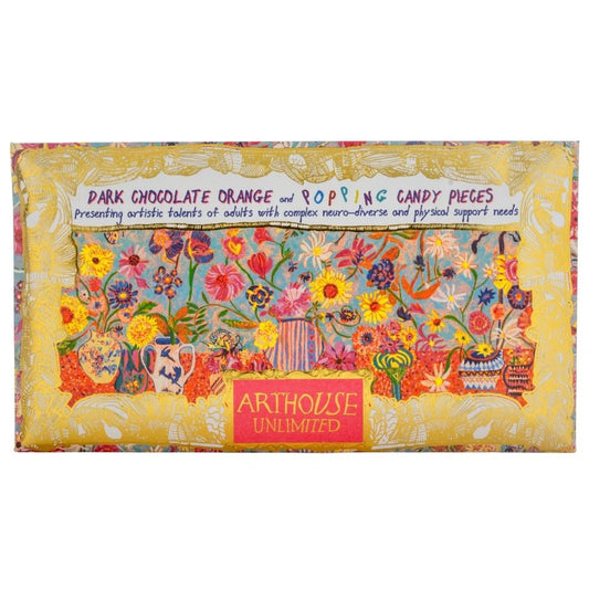 Arthouse Unlimited dark chocolate orange with popping candy, in floral yellow packaging