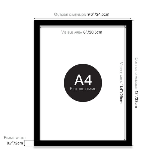Black A4 picture frame with dimensions shown
