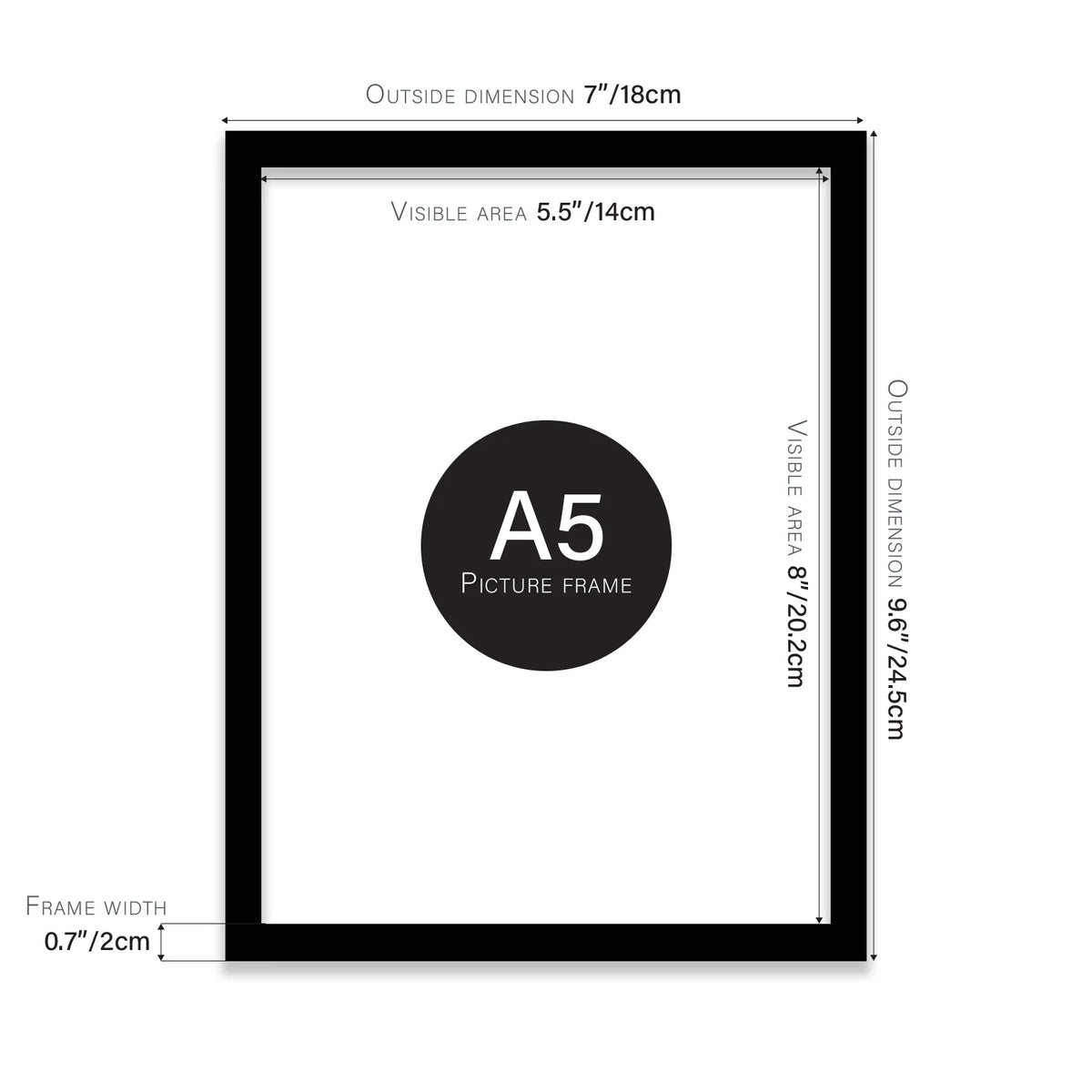 Black A5 picture frame with dimensions shown