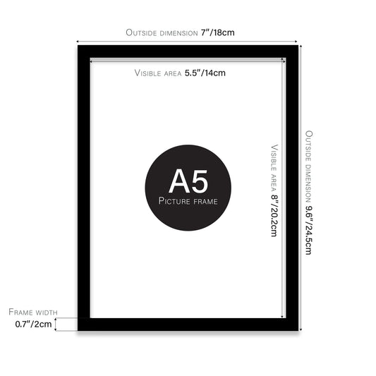 Black A5 picture frame with dimensions shown