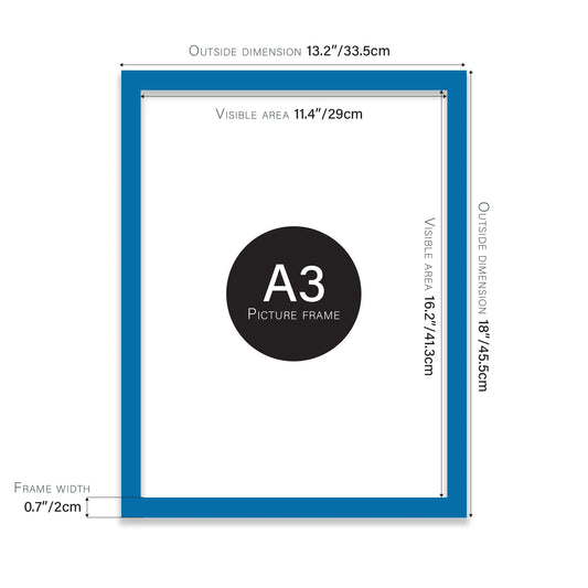 Blue A3 picture frame with dimensions shown