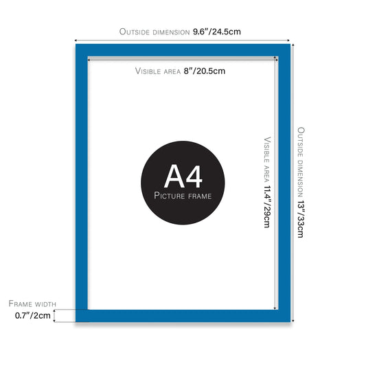 Blue A4 picture frame with dimensions shown