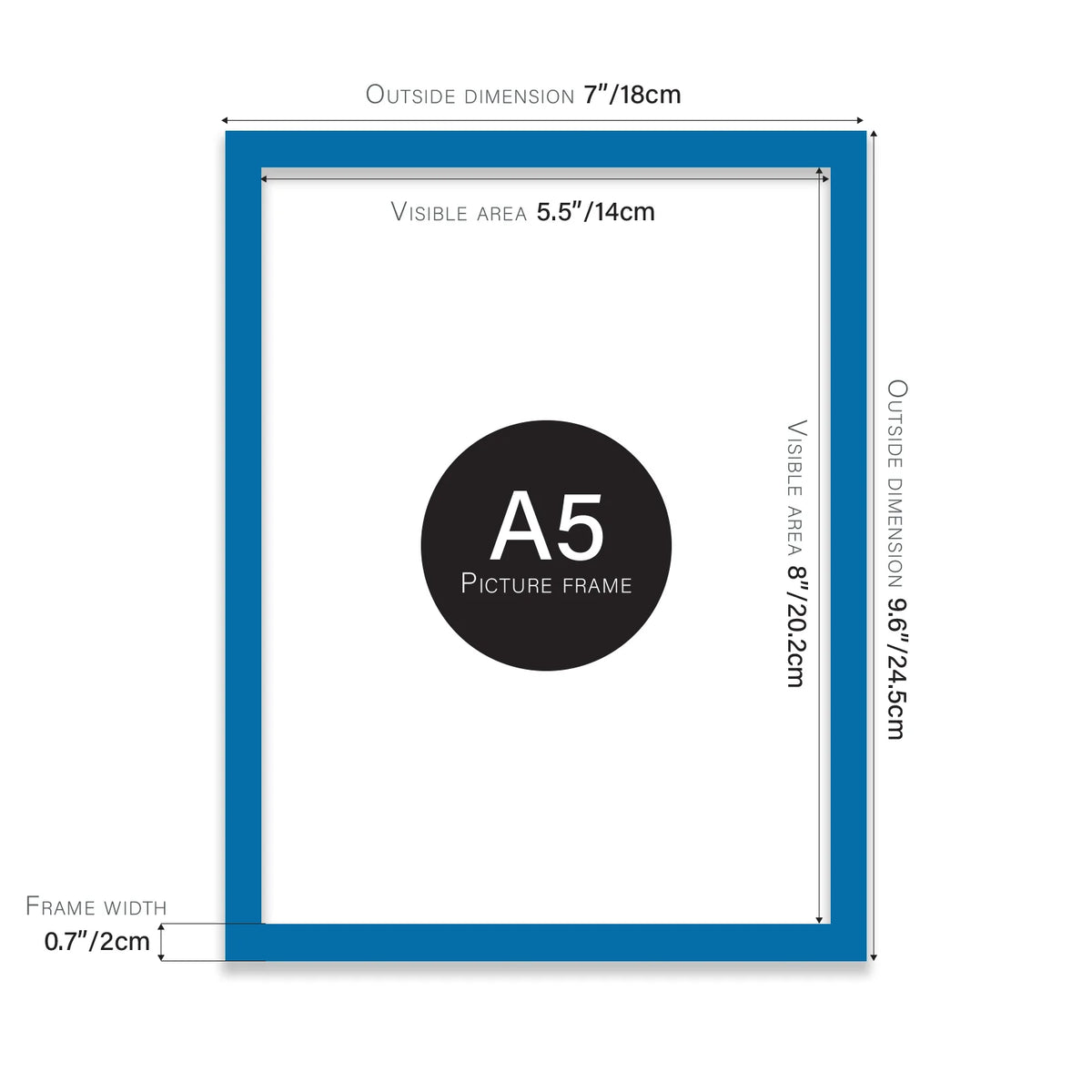 Blue A5 picture frame with dimensions shown