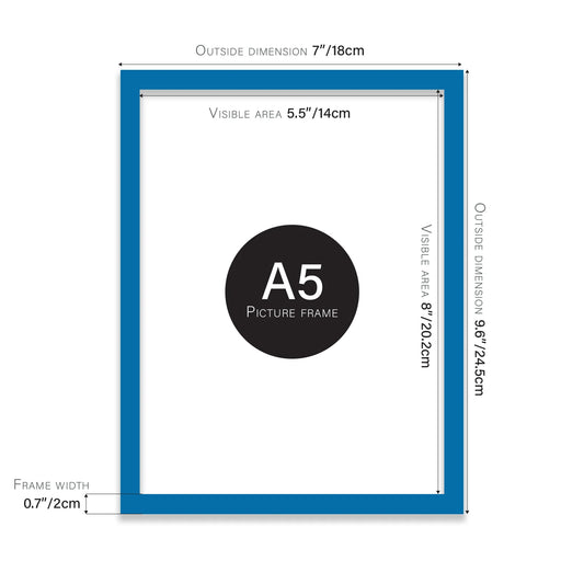 Blue A5 picture frame with dimensions shown
