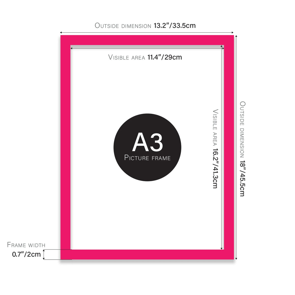 Bright pink A3 picture frame with dimensions shown