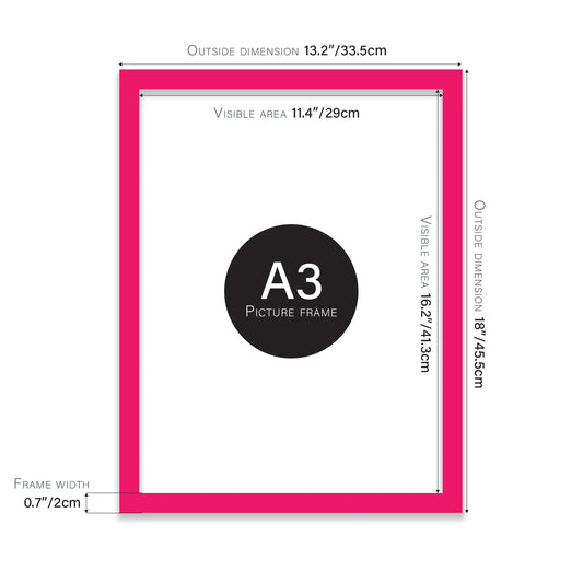 Bright pink A3 picture frame with dimensions shown
