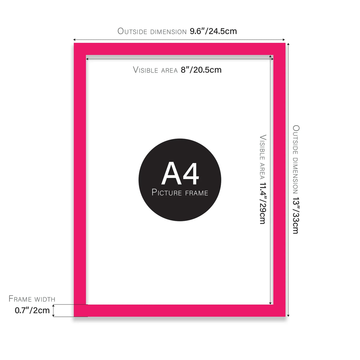 Bright pink A4 picture frame with dimensions shown