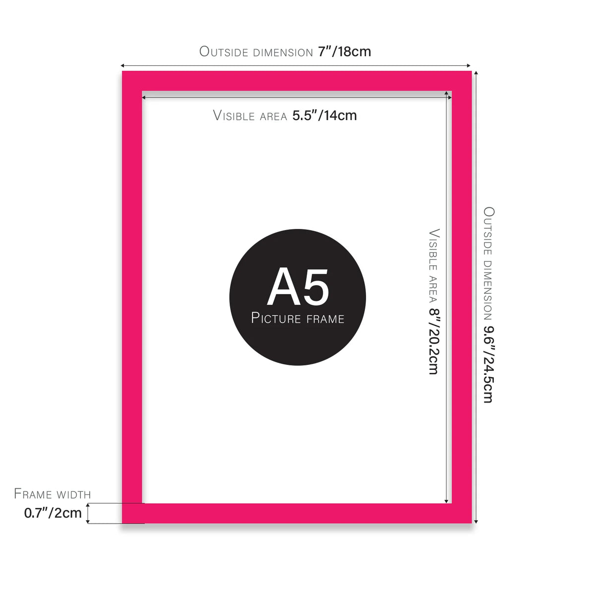 Bright pink A5 picture frame with dimensions shown