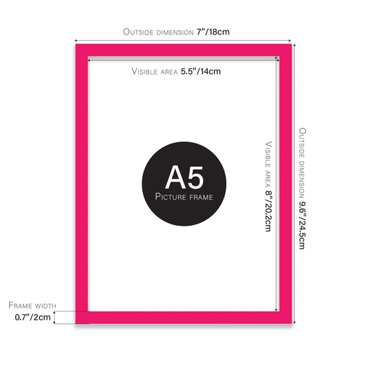 Bright pink A5 picture frame with dimensions shown