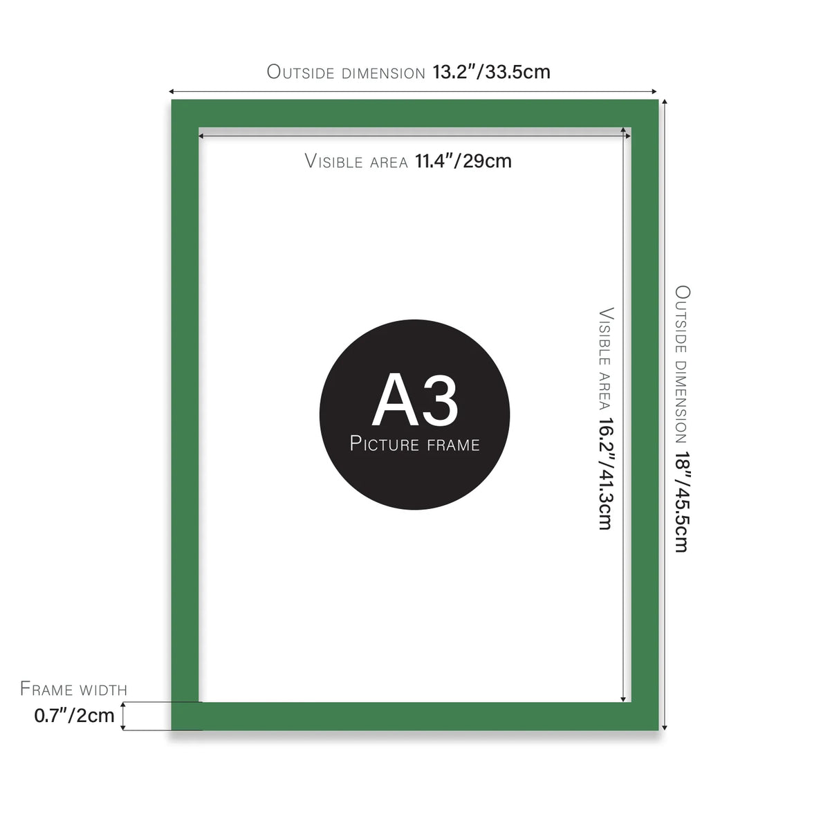 Green A3 picture frame with dimensions shown