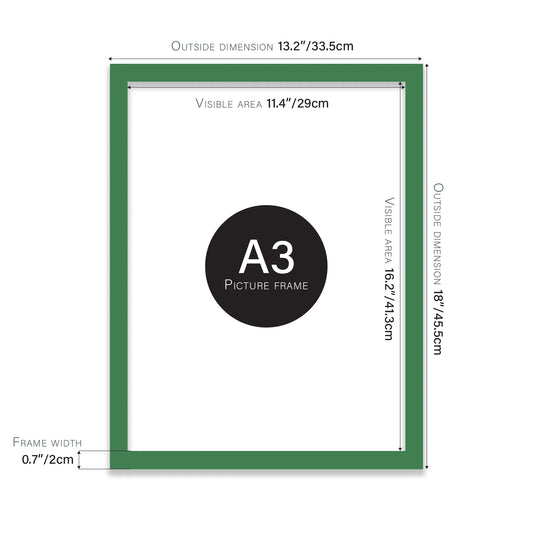 Green A3 picture frame with dimensions shown