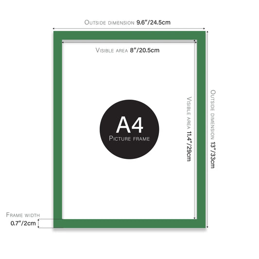Green A4 picture frame with dimensions shown