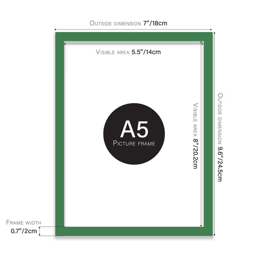 Green A5 picture frame with dimensions shown