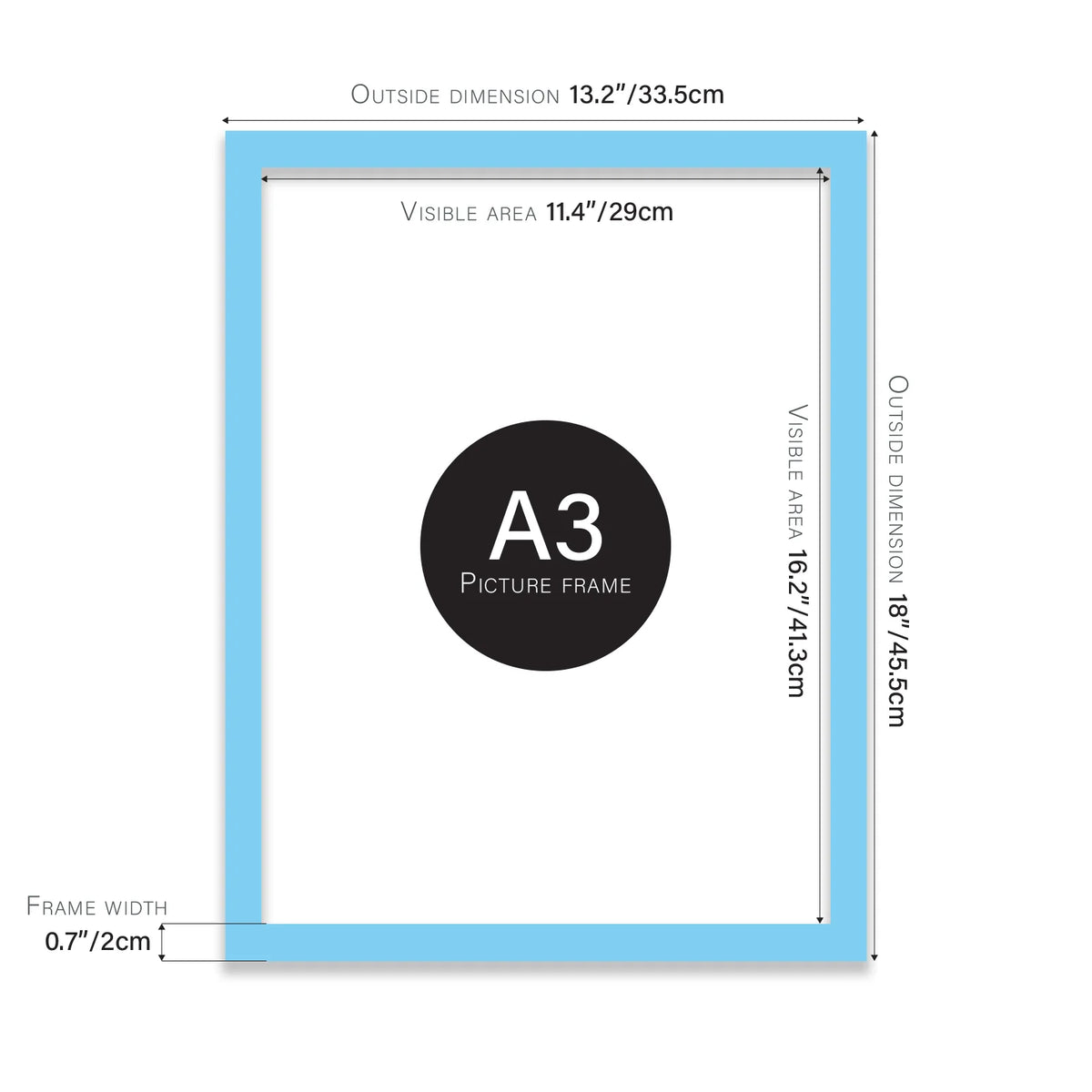 Light blue A3 picture frame with dimensions shown