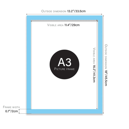 Light blue A3 picture frame with dimensions shown