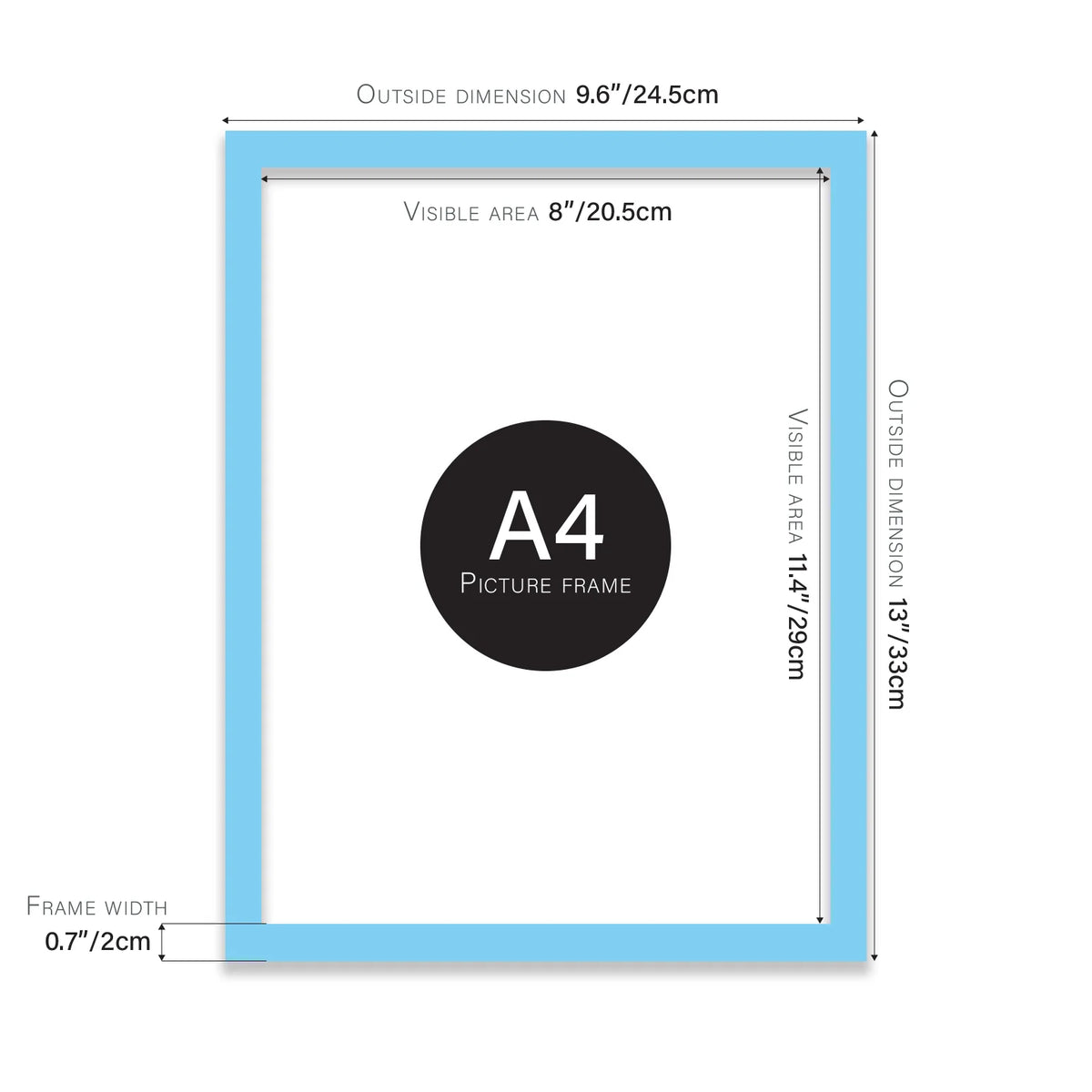 Light blue A4 picture frame with dimensions shown