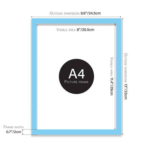 Light blue A4 picture frame with dimensions shown
