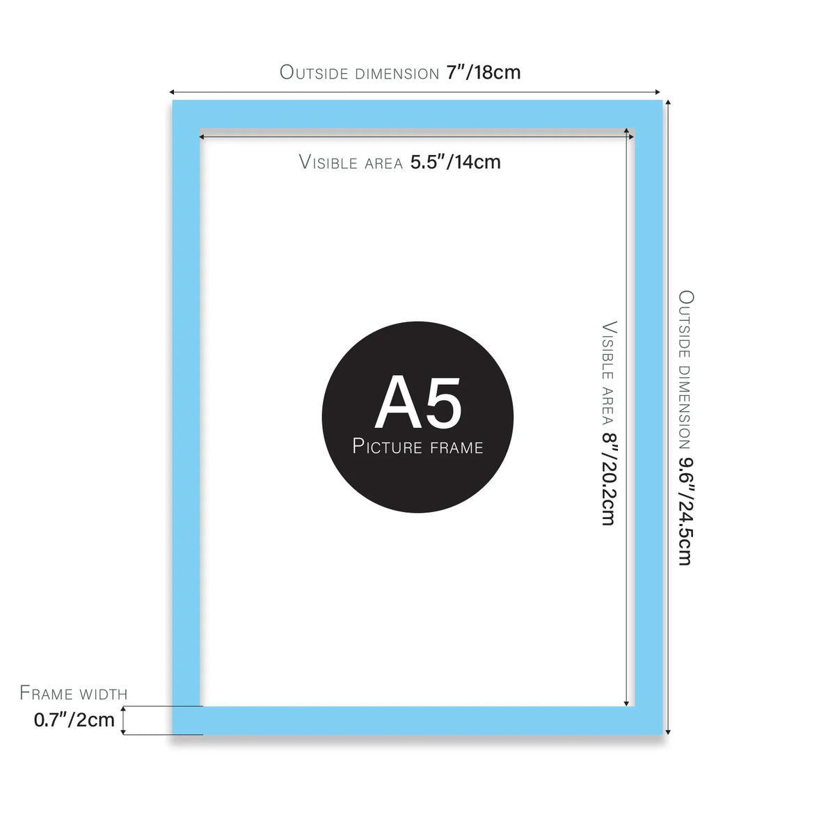 Light blue A5 picture frame with dimensions shown