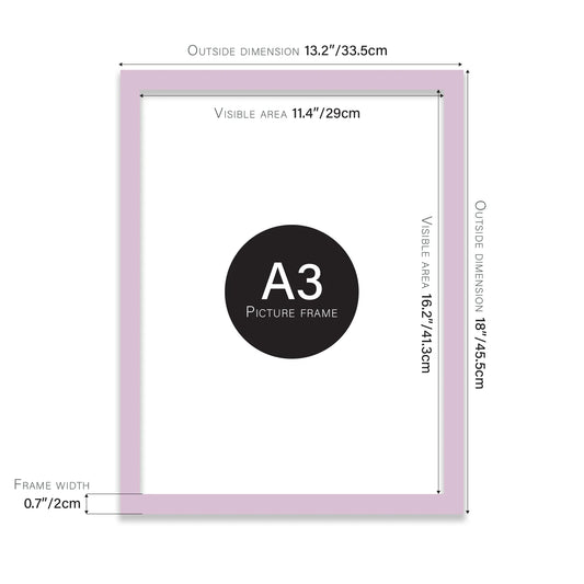 Lilac A3 picture frame with dimensions shown